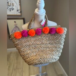 NWT! ASHLAND Straw Woven Bag with Orange and Pink Pom Poms